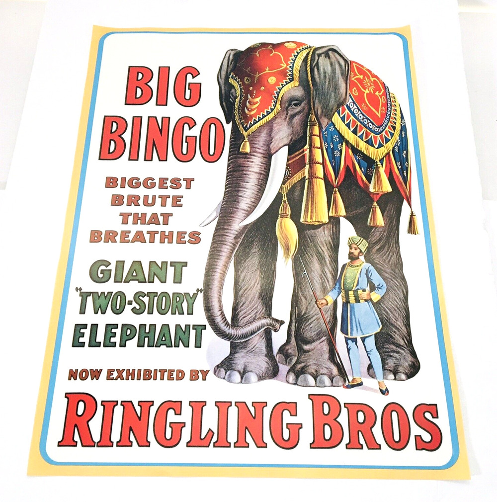 Vintage 1970's Circus Poster RINGLING BROS BIG BINGO GIANT ELEPHANT 20"x15"